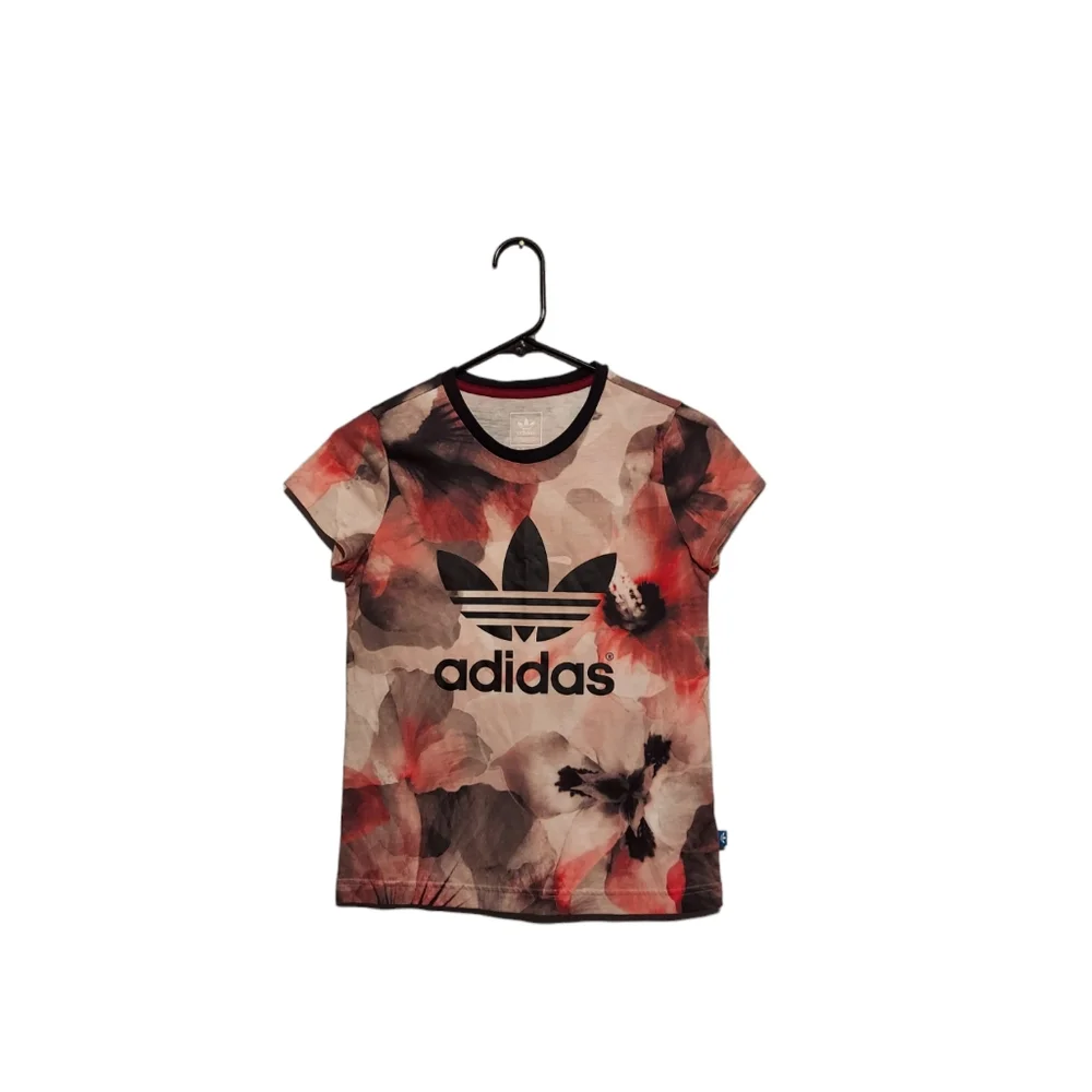 Adidas Originals T Shirt Top Size Medium Black Trefoil Floral Short Sleeve
